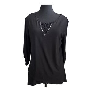 Tango Mango Black  3/4 Sleeve Blouse With Embroidery And Rhinestones Size Med